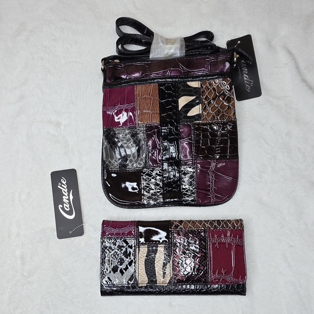 Candie's Multicolor Patchwork Crossbody Bag Matching Wallet Bundle Set Snakeskin